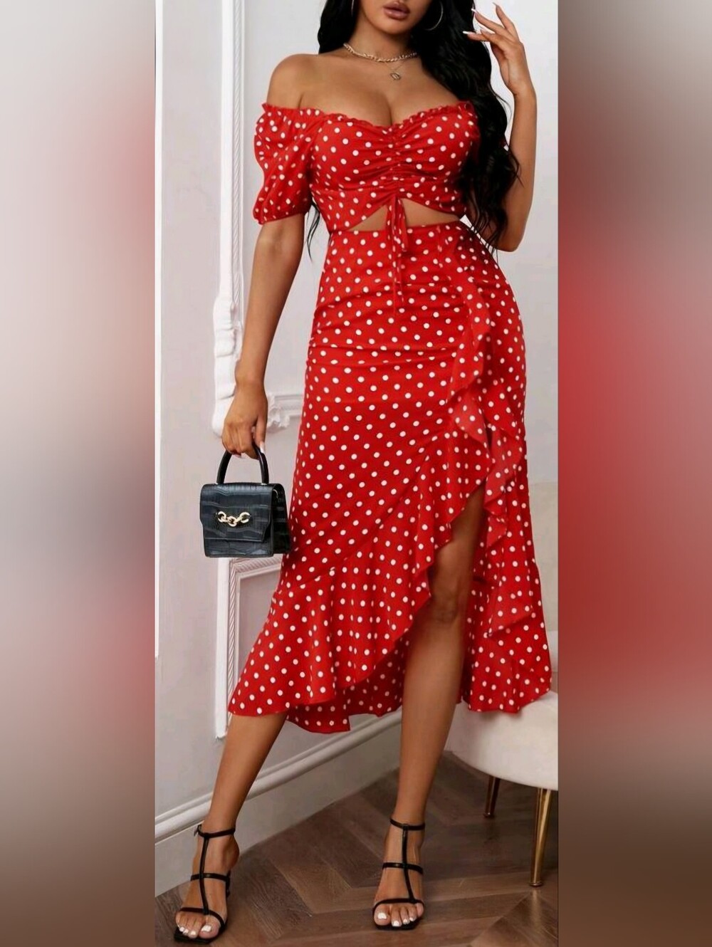 Red Polka Dot Ruffle Midi Skirt 2 Piece Set Women's